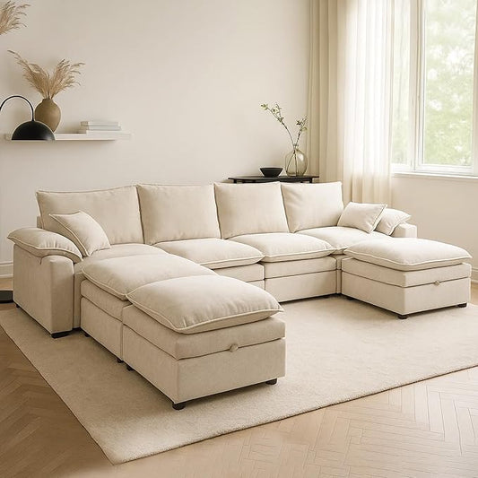 Large U-Shaped Sectional Couch Set - 6/7/8 Seater Oversized Cloud Sofa for Living Room Big Comfy Chenille Fabric Couches Extra Long Modular Sofa Bed Furniture (Beige 7-Seater Sofa)
