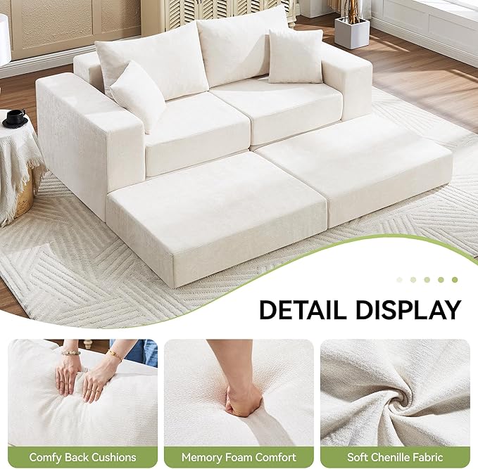 79 Boneless Cloud Loveseat Sofa Couch Modular Foldable Floor Sofa with Ottoman Chenille Lounge Convertible Sofa Bed for Living Room No Assembly Beige