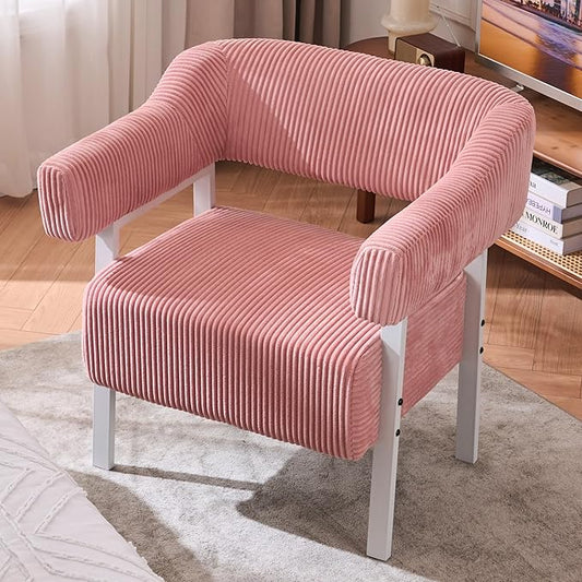 Mistpeople Corduroy Barrel Accent Chair Modern Upholstered Armchair with Metal Legs Cozy Corner Chair for Living Room Bedroom Vanity Office Reading Nook Pink Whiteleg