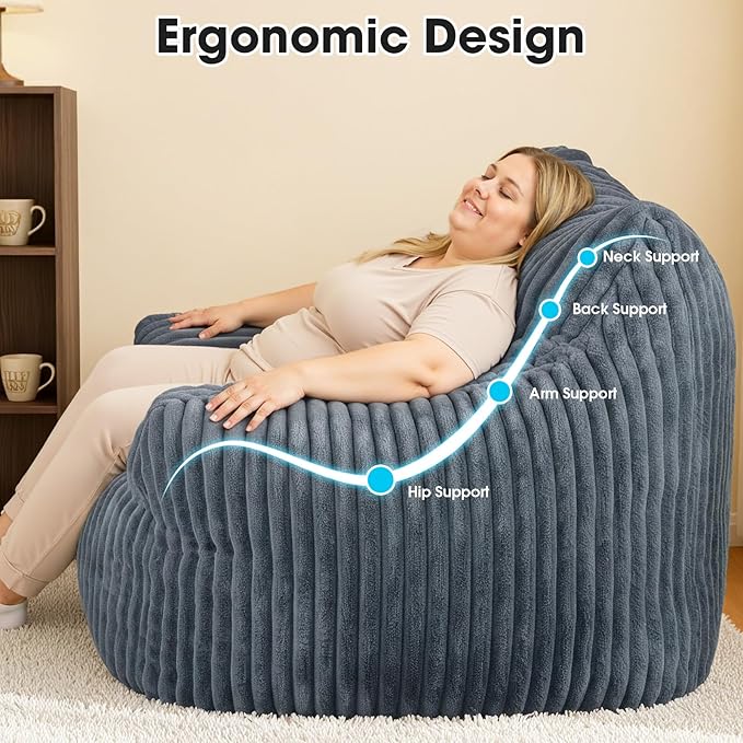 Giant Bean Bag Chair for Adults Oversized Memory Foam Bean Bag Sofa with Armrests Large Comfy Fluffy Single Lounges Mini Couch for Living Room Bedroom &amp Dorm(Gray)