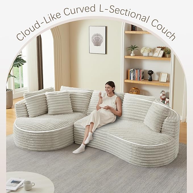 120.9 Curved L-Shape Sectional Sofa with Left Chaise Cloud-Like Corduroy Couch with Pocket Springs No Assembly Required Compressed in Box for Living Room &amp Apartment Cream