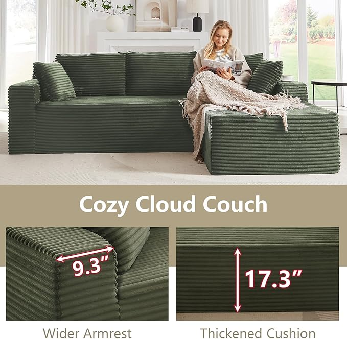 103 Cloud Sectional Couch with Chaise Lounge L Shaped Modular Modern Sofa Comfy Corduroy Fluffy Sofa with Deep Seat No Assembly Required Foam Couch for Living Room(Green Right Facing Chaise)