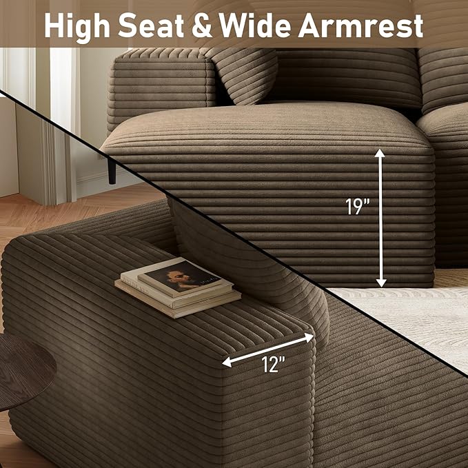 107 Boneless Couches for Living Room Comfy L Shaped Sectional Couches Modern Deep Seat Modular Sofa Cloud Fluffy Corduroy Couch with Left Facing Chaise No Assembly Needed Light Brown