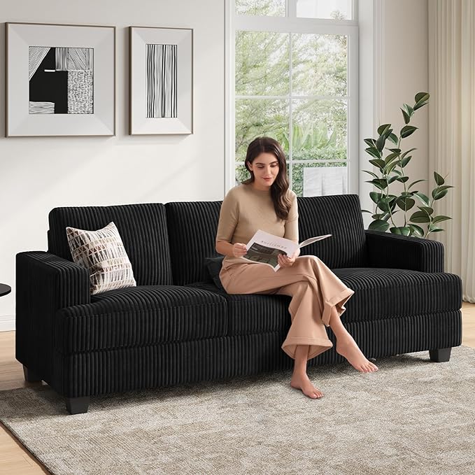 89 Inch Sofa with Extra Deep Seats Oversize 3 Seater Sofa for Living Room Modern Couch and Sofa Comfy Armrests and Seats and Backrests Easy InstallationWide Corduroy Fabric Black