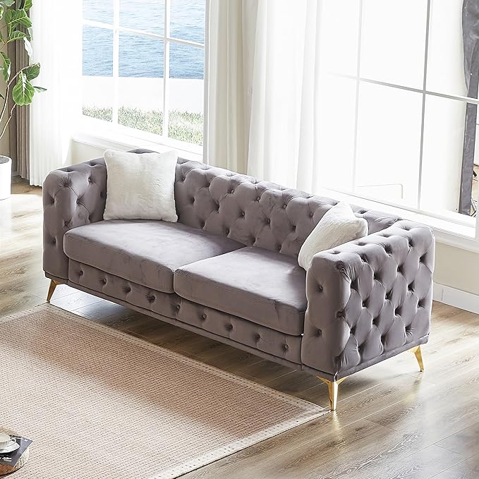 82.5'' Velvet Chesterfield Sofa Button Tufted Upholstered Sofa Couches with 2 Pillows Golden Metal Feets Removable Thick Cushions Comfy Chesterfield Couches for Living Room Apartment Grey