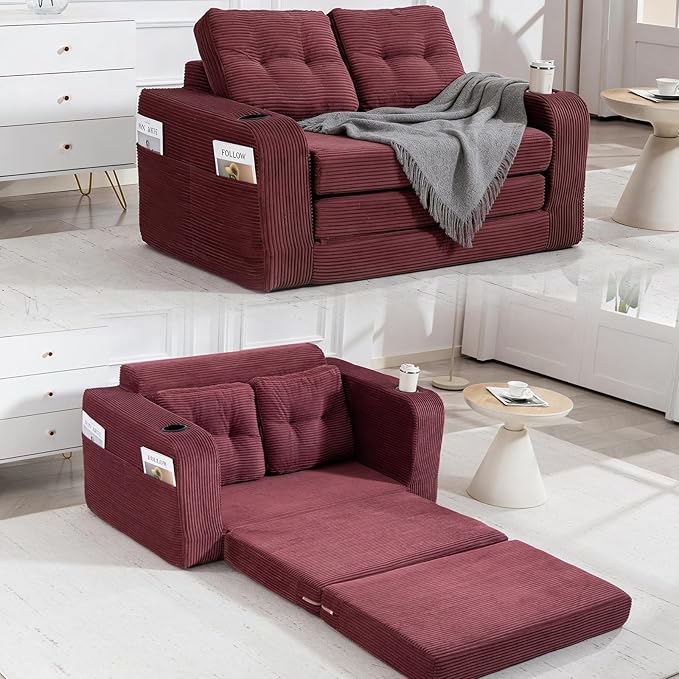 54 Convertible Sofa Bed 2-in-1 Boneless Sleeper Sofa with Cup Holder &amp Pocket Corduroy Pull Out Couch with 5 Pillows Couch Bed for Living Room Small Spaces Bedroom No Assembly