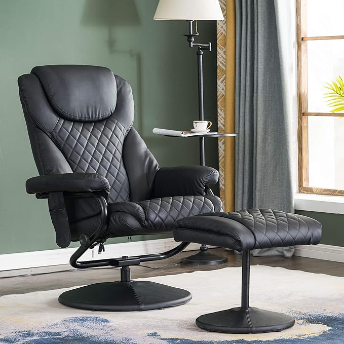 MCombo Recliner with Ottoman Reclining Chair with Massage 360 Swivel Living Room Chair Faux Leather 4901 (Black)