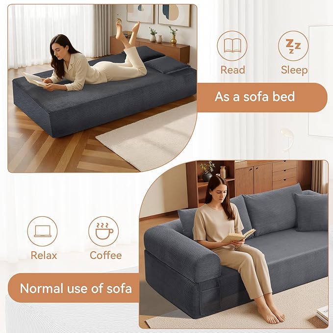 83 Sofa in a Box 3 Seater Couch No Assembly Boneless Sofa Bed with Cushion Back 2 Pillows Deep Seat Corduroy Fabric Side Storage Pockets for Living Room Bedroom Apartment Office Deep Grey