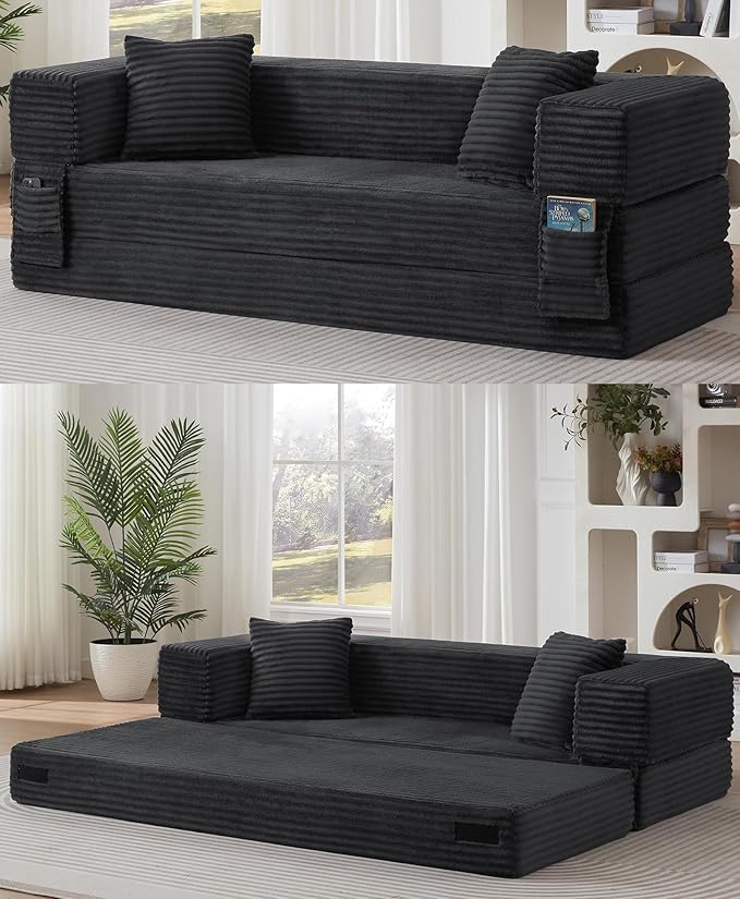 78.8 Convertible Sofa BedFuton Boneless CouchFolding Pull Out Futon Sofa (Deep Gray) | Convert to bed Storage Pocket No Assembly Corduroy Fabric Family size Ease of assembly