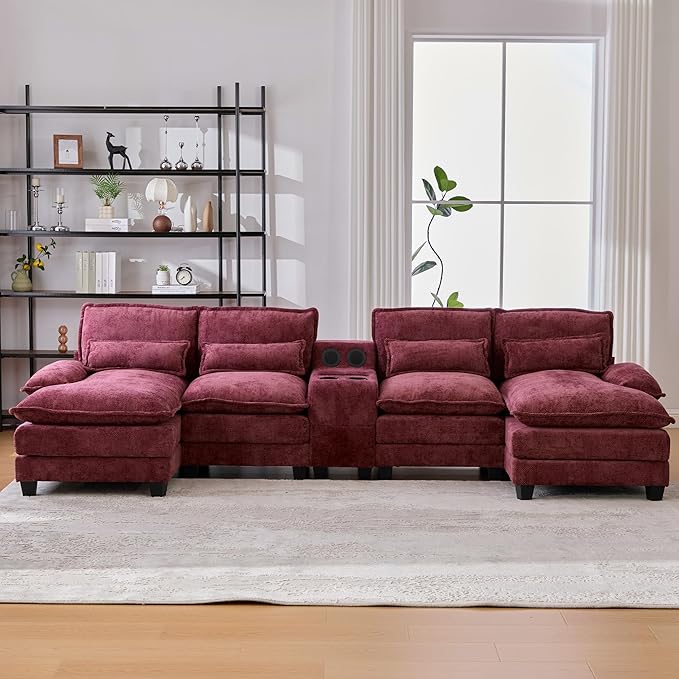 126 Modular Sectional Sofa with Storage Console Cloud Couch Chenille U-Shaped Sofa Cup Holders &amp Wireless Charger Memory Foam Double Chaise for Living Room Office Red