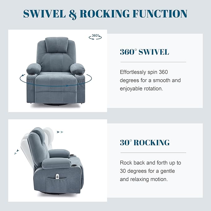 Swivel Rocker Recliner Chair with Heat and Massage Big Oversized Rocking Single Sofa for Living Room 360 Degree Swivel Recliner Chair with USB Port and Cup Holders (Fabric Blue)