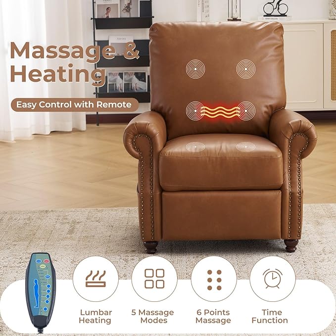 Pushback Recliner Chair with Massage and Heat Breathable Leather Recliner Chair with Overstuffed Backrest and Rivet Decoration Single Sofa Accent Chair for Living Room Camel