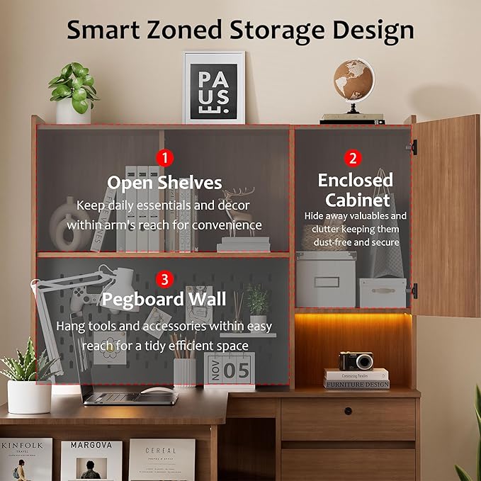 L Shaped Desk with Hutch Wooden Home Office Desk with 4 Drawers Storage Cabinet Charging Station Corner Writing Computer Desk(Left Side Desk Brown)