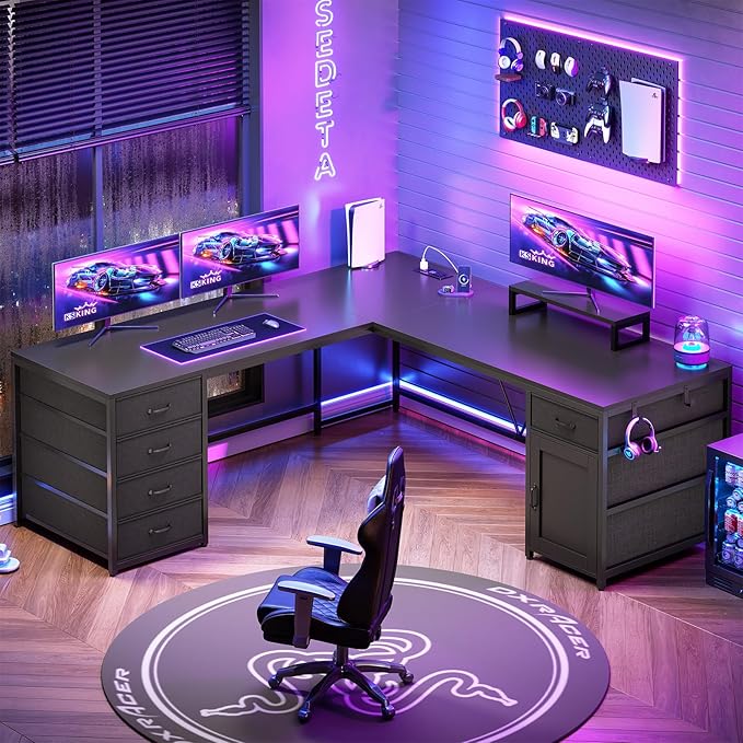 Sedeta SEDETA L Shaped Desk 63'' Computer Desk with 5 Drawer &amp Power OutletLong Home Office Desk or Corner Desk L Shaped Corner Desk with Monitor Shelf Storage Cabinet Black