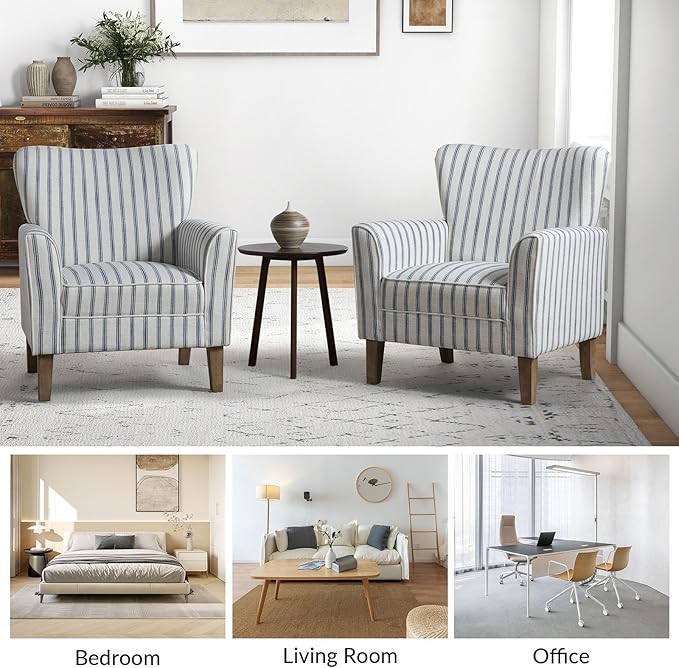 HULALA HOME Farmhouse Wingback Accent Chair Upholstered Striped Armchair with Solid Wood Legs Thick Seat Cushion for Living Room or Bedroom Navy