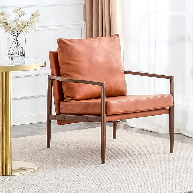 PU Leather Accent Arm Chair Mid Century Modern Upholstered Armchair with Imitation Solid Wood Walnut Color Metal Frame Extra Thick Padded Backrest and Seat Cushion Sofa Chairs for Living Room