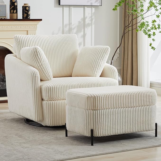 Aoiy &amp Wifon 40.55 W Oversized Swivel Chair with Ottoman Swivel Accent Chair with Ottoman for Living Room Corduroy Ivory