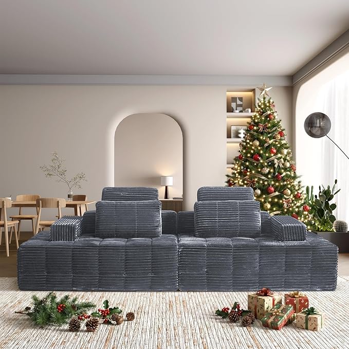 Modular Sectional Sofa with Movable Handrails Straight-Row Boneless Sofa Sectional Couch for Living Room Deep Seat Memory Foam Faux Rabbit Fur Fabric Sofa No Assembly Required(Grey)