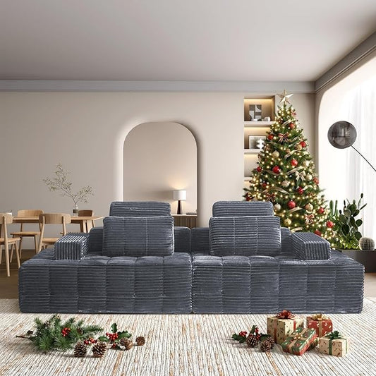 Modular Sectional Sofa with Movable Handrails Straight-Row Boneless Sofa Sectional Couch for Living Room Deep Seat Memory Foam Faux Rabbit Fur Fabric Sofa No Assembly Required(Grey)
