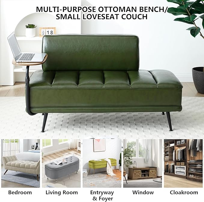 mikibama 2 Seater Loveseat Sofa Couch55 PU Leather Ottoman Bench for Bedroom Living RoomChannel Tufted Bed End Bench with BackFootrest Ottomans for Living RoomEntrywayWindow (PU Leather Green)