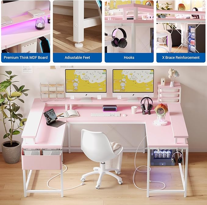 GAOMON U Shaped Home Office DeskReversible l Shaped Gaming Computer Desk with Power Outlets LED StripStorage ShelvesStorage Bag and Hooks for Home OfficePink
