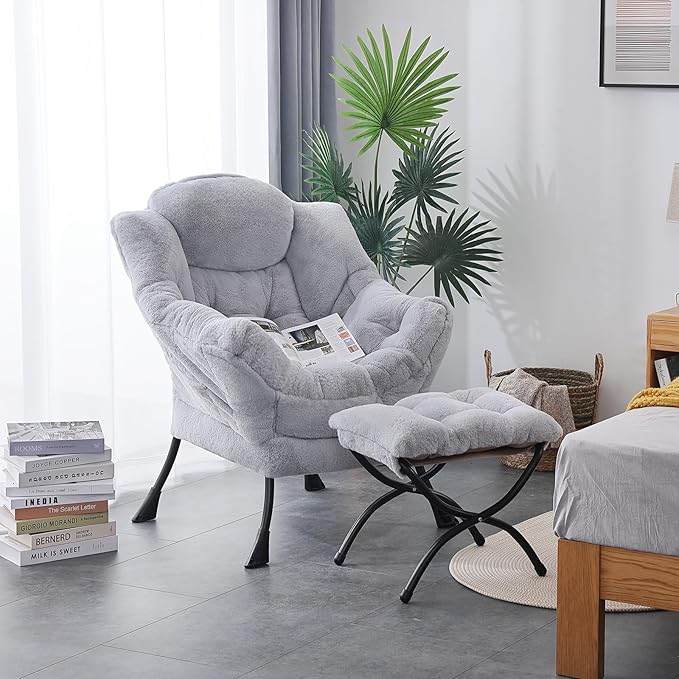 LITA Lazy Chair with Ottoman Modern Accent Leisure Upholstered Sofa Chair Contemporary Lounge Reading Chairs with Armrests and a Side Pocket for Living Room Bedroom &amp Small Space Plush Grey