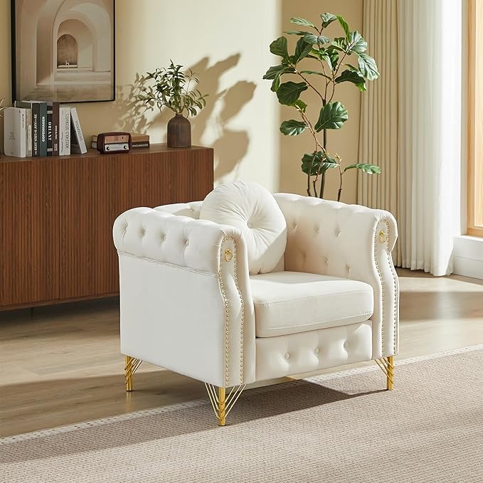 Chesterfield Velvet Button Tufted Sofa 37 inch Modern Deep Seater Couch Retro Style Upholstered Comfy Single Chair for Living Room Bedroom Apartment Office Beige