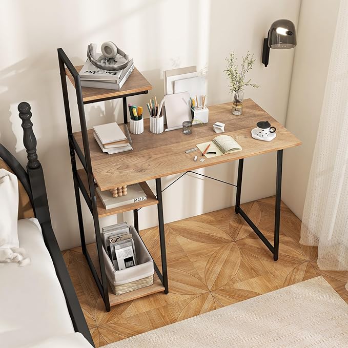 Tangkula Computer Desk with Shelves Space Saving Home Office Desk with 3-Tier Ladder Shaped Storage Bookshelf Modern Writing Study Desk with Metal Frame Compact Computer Workstation (Natural)