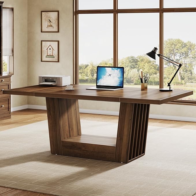 Tribesigns 63'' Wood Executive Office Desk Modern Computer Home Office Desk with Robust Base Large Wooden Conference Table Business Workstation for Home Office Walnut Brown