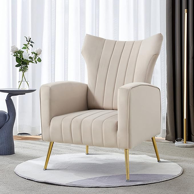Generic Modern Velvet Accent Chair with Arms Wingback Reading Chair with Gold Metal Legs Comfy Upholstered Single Leisure Sofa for Living Room Bedroom ClubVelvetGrey