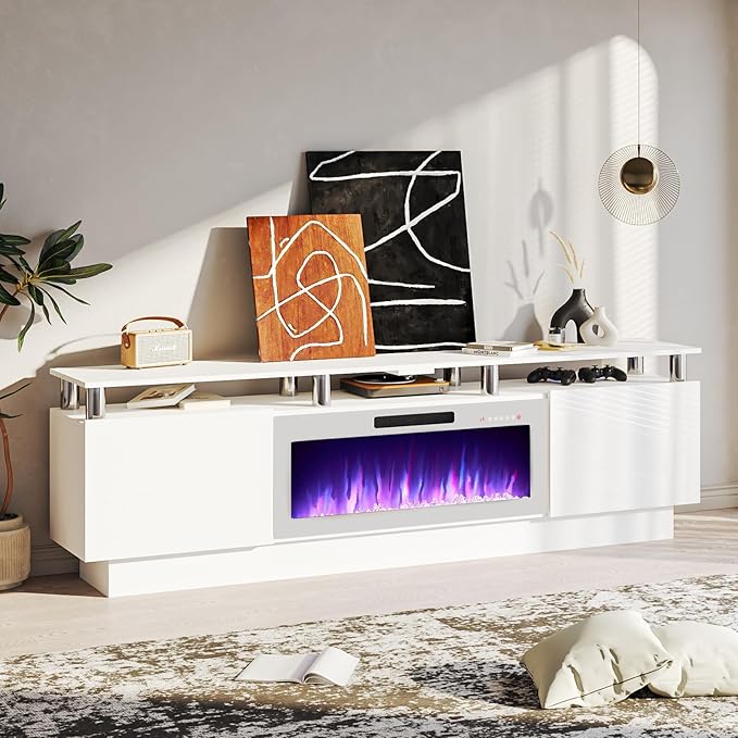 80 Modern Fireplace TV Stand with 36 Electric Fireplace for TVs Up to 90 inch Luxury LED Light Entertainment Center with High Gloss Cabinet White + Silver Posts with White Fireplace