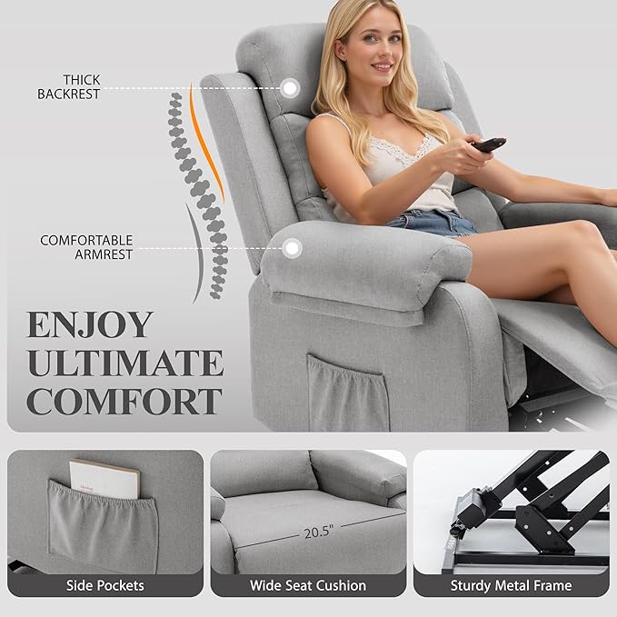 Power Lift Recliner Chair with Massage and Heat for Elderly Electric Lift Chair for Adults Small Recliner for Living Room Reading Room Recliner Saves Your Favorite Position Lightgrey