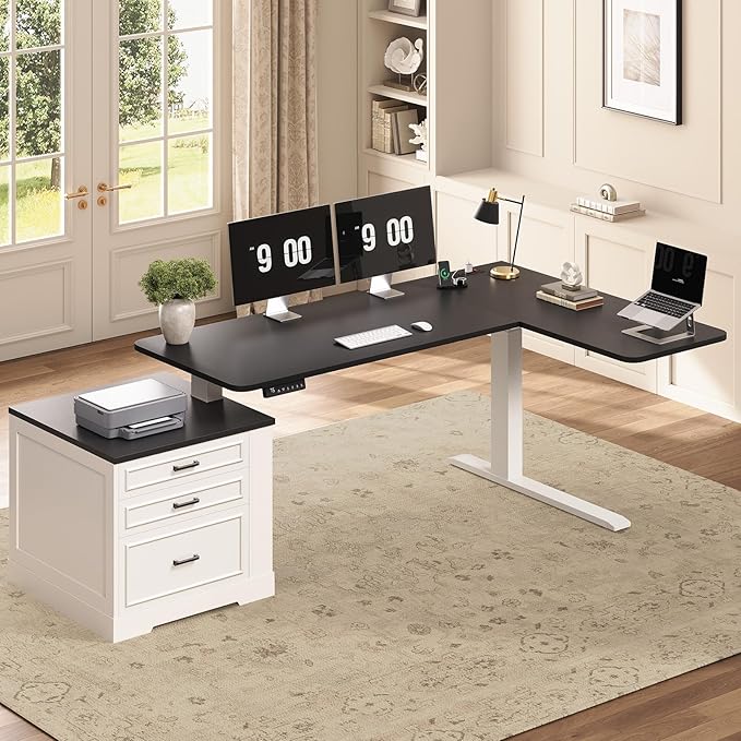 SEDETA Farmhouse L Shaped Electric Standing Desk 70.9 x 39.4 Height Adjustable Office Executive Desk with 3 Drawers Standing Computer Desks with Power Outlet for Home Office White