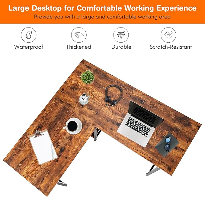 Tangkula L Shaped Desk Space Saving Corner Desk w/ 2 Tier Storage Shelves Study Writing Desk Workstation with Reinforced Metal Frame Home Office Desk (Rustic Brown)