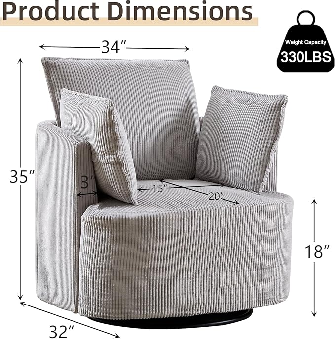 CANMOV Swivel Accent Chair Set of 2 360°Swivel Barrel Chair with 3 Pillows Comfy Corduroy Round Armchair Single Sofa Chair for Living Room Bedroom Reading Room Grey