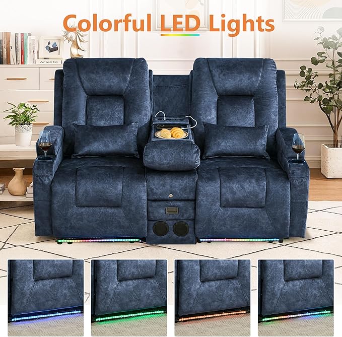 Houjud Power Reclining Loveseat Recliner Sofa with Console Wall-Hugger RV Couch with USB Ports Cup Holders Bluetooth Speakers &amp Ambient Lighting for Home Theater or Camper Velvet Blue