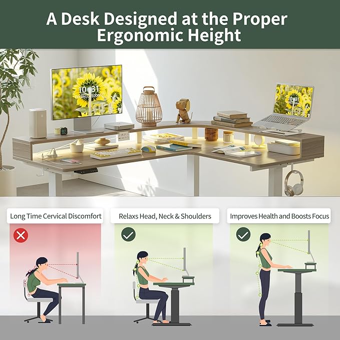 FEZIBO 63x49 L Shaped Standing Desk with Arc LED &amp Power Outlet Electric Height Adjustable L Shaped Computer Desk with Monitor Stand for Gaming Office Light Walnut