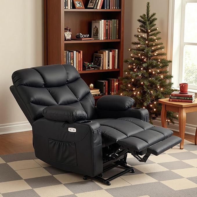 MCombo Oversized Power Lift Recliner Chair with Extended Footrest Extra Wide for Big and Tall Elderly People Faux Leather R7289 (Black Medium-Oversize)
