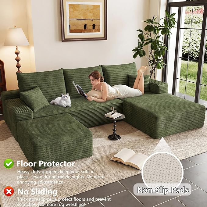 Modular Sectional Sofa Cloud Sectional Couch 95 Comfy Fluffy U-Shaped Couches for Living Room Deep Seat Memory Foam Plush Corduroy Boneless Couch Sectionals No Assembly (GreenRight-Facing Chaise)