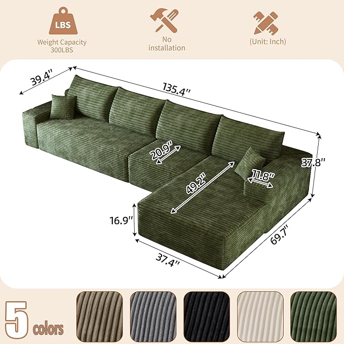 135.4 Boneless Couches for Living Room Modular Sectional Sofa with Oversized Chaise L-Shape Cloud Couch with Deep Seat High-Density Memory Foam No Assembly Required (Green Right Facing Chaise)