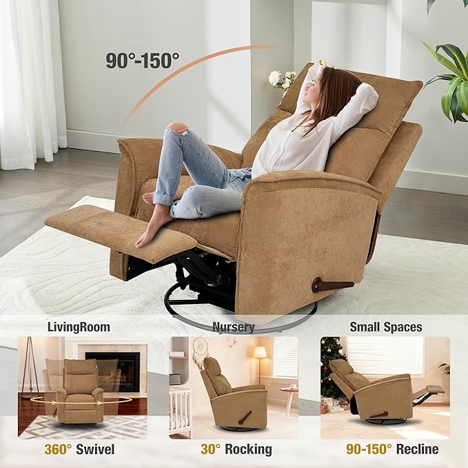 Swivel Rocker Recliner Chair for Adults Rocking Chair Small Swivel Recliner for Small Spaces Living Room Bedroom RV(Khaki)