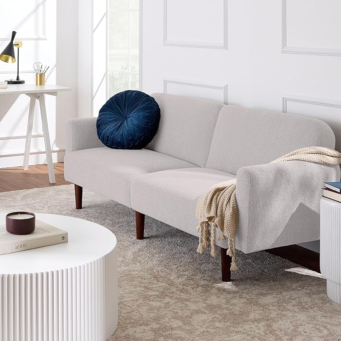 Best Choice Products 77 Mid Century Modern Boucle Loveseat Sofa Couch Convertible Sofa Sleeper Bed w/Real Wood Removable Armrest - Frost Gray