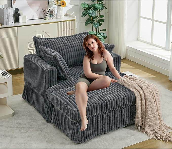 Eafurn Corduroy Accent Chair with Movable Ottoman 47.8 Oversized Reading Chair Lounge Armchair for Living Room Bedroom Small Space Modern Single Sofa Couch