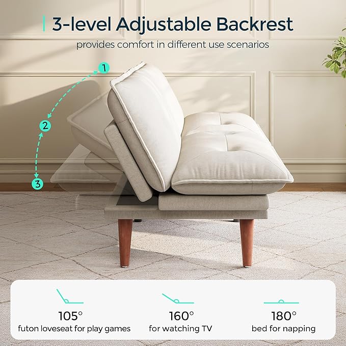 LINSY HOME Futon Sofa Bed 70 Chenille Futon Couch with Adjustable Backrest Armrest 3 in 1 Convertible Comfy Loveseat Sleeper Sofa Bed for Small Spaces Dorm Room Apartment Home Office Beige White