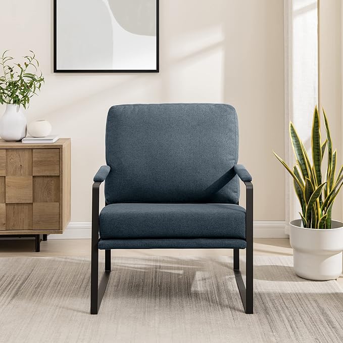 Walker Edison Ezra Contemporary Minimalist Metal-Arm Accent Chair 32 Inch Indigo Blue/Black