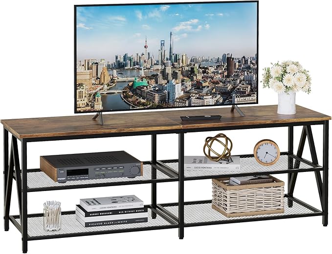 TV Stand for TVs up to 65 Inch 55 Long Industrial TV Console Table with 3-Tier Storage Shelves Entertainment Center for Living Room Bedroom (Brown)