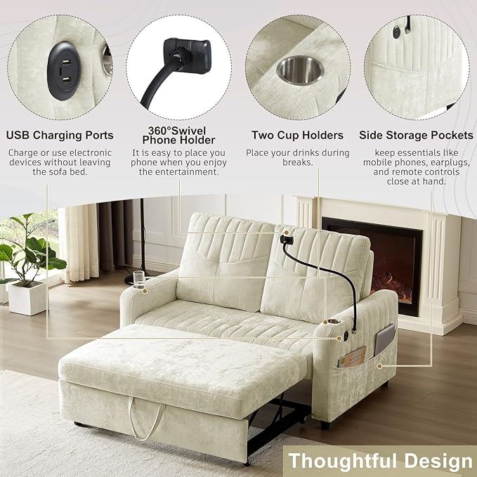 Merax Chenille 3-in-1 Pull Out Sleeper Sofa Bed Couch 54 Convertible Futon Loveseat with Adjustable Backrest 2 Cup Holders Phone Stand 3 Charging Ports and Storage Pockets for Living Room Beige