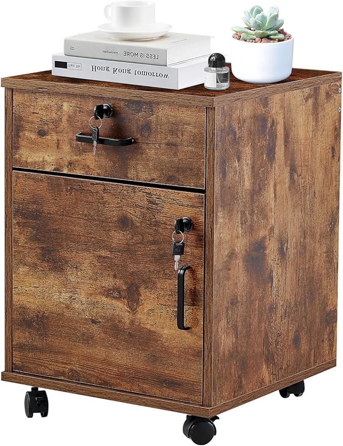 TUKAILAi Mobile File Cabinet with Lockable Drawer &amp Door Under Desk Rolling Filing Cabinet with 4 Wheels Wooden Stationery Storage Cabinet for Home Office (Rustic Brown)