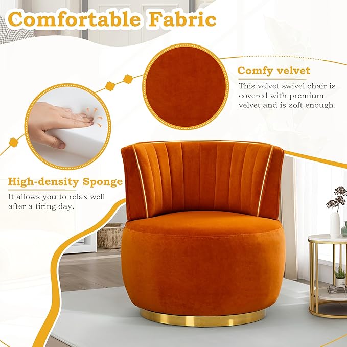 SLEERWAY 360° Swivel Barrel Chair Modern Velvet Round Accent Chair Comfy Upholstered Small Armchair with Gold Metal Base for Living Room Bedroom Nursery Office Sillas para Sala Orange