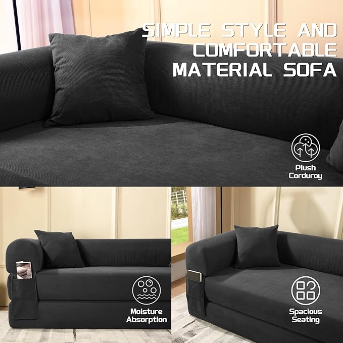 4-in-1 Folding Convertible Sofa Bed 80 Inch Oversized Corduroy Boneless Couch Loveseat Sleeper with Pull Out Bed Floor Sofa Modular Futon Teddy Sofa for Living Room Bedroom Lounge Deep Gray